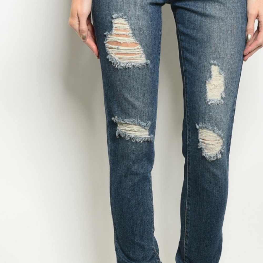 💖 Stretch DARK DENIM BLUE Distresed JEANS - Picture 5 of 5